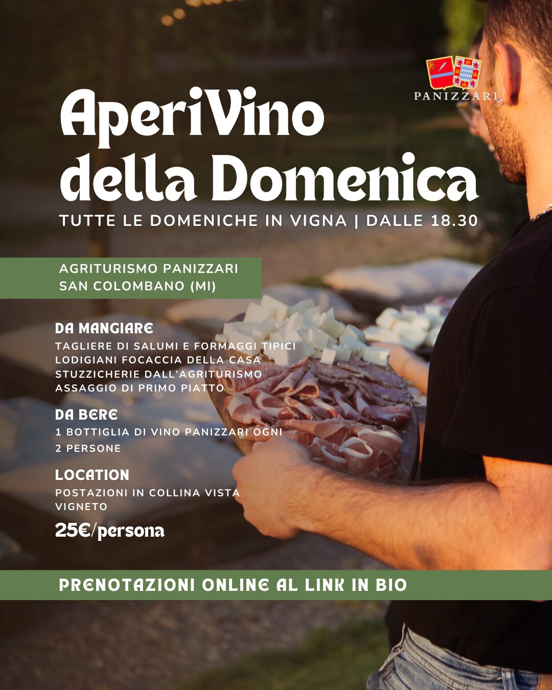 Post 45 Panizzari | Panizzari Srl Poster promoting aperivino della domenica a man holding a board of cheeses and cold cuts outdoors with event details in italian every sunday at 1830